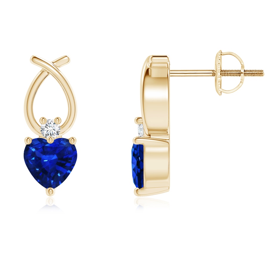 4mm AAAA Heart Shaped Blue Sapphire Ribbon Earrings with Diamond in Yellow Gold 