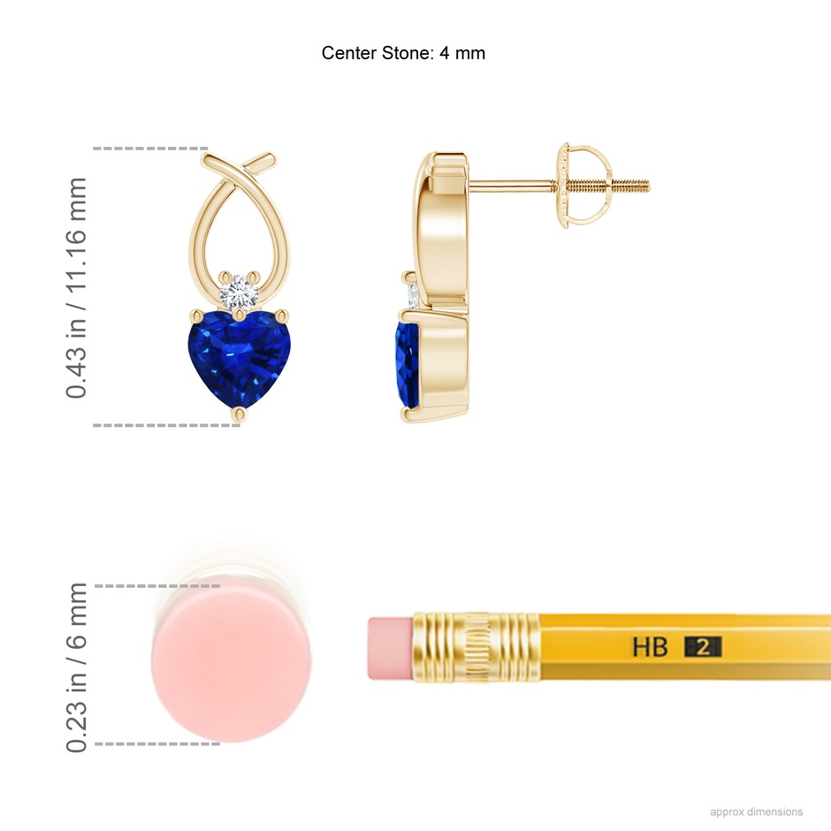 4mm AAAA Heart Shaped Blue Sapphire Ribbon Earrings with Diamond in Yellow Gold ruler