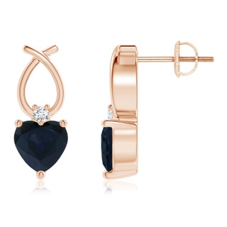 5mm A Heart Shaped Blue Sapphire Ribbon Earrings with Diamond in Rose Gold