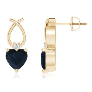 5mm A Heart Shaped Blue Sapphire Ribbon Earrings with Diamond in Yellow Gold