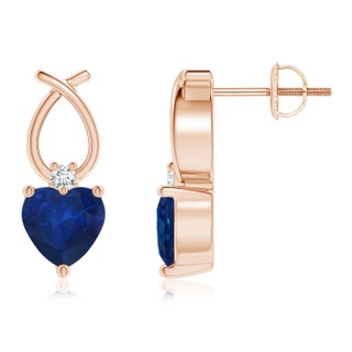 5mm AA Heart Shaped Blue Sapphire Ribbon Earrings with Diamond in Rose Gold