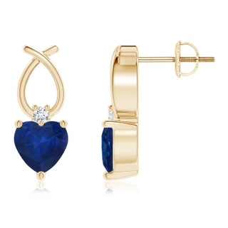 5mm AA Heart Shaped Blue Sapphire Ribbon Earrings with Diamond in Yellow Gold