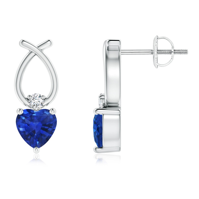 5mm AAA Heart Shaped Blue Sapphire Ribbon Earrings with Diamond in 9K White Gold
