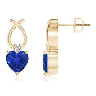 5mm AAA Heart Shaped Blue Sapphire Ribbon Earrings with Diamond in Yellow Gold
