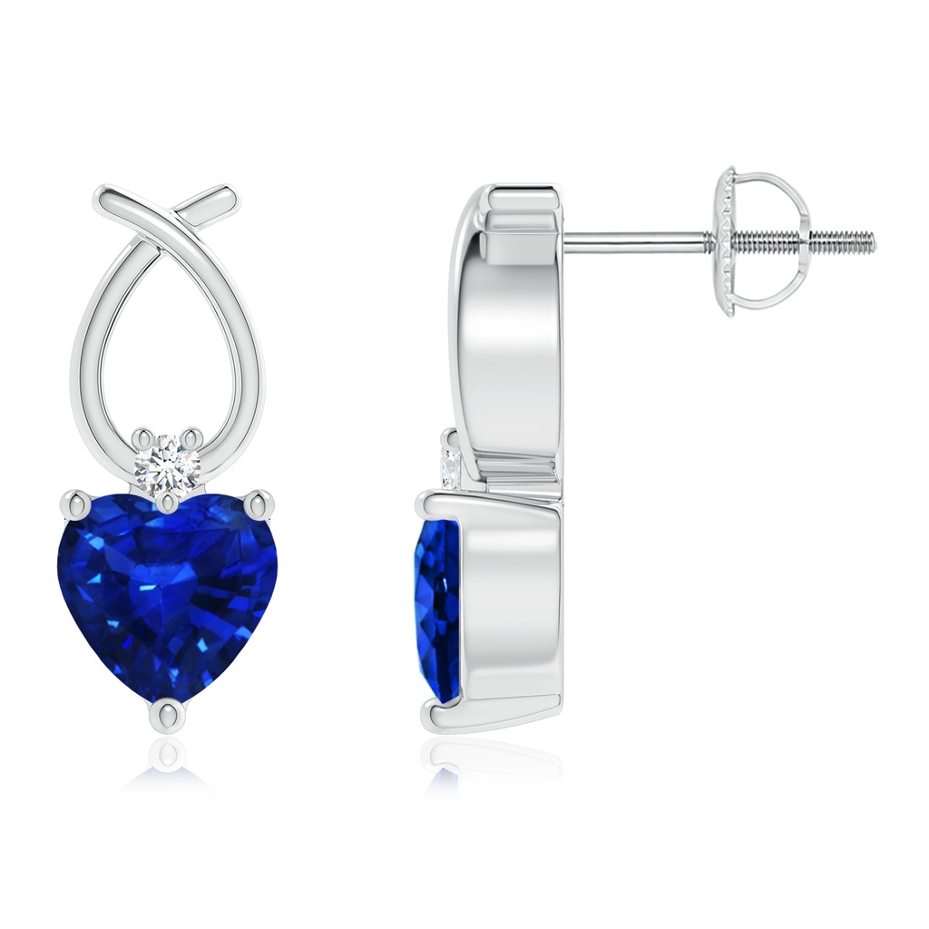 5mm AAAA Heart Shaped Blue Sapphire Ribbon Earrings with Diamond in White Gold