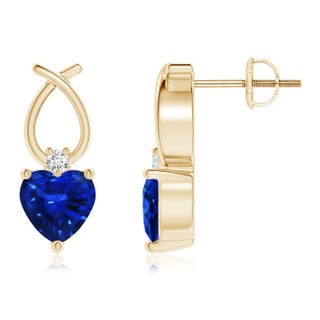 5mm AAAA Heart Shaped Blue Sapphire Ribbon Earrings with Diamond in Yellow Gold