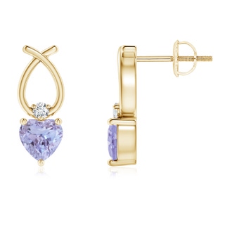 4mm A Heart Shaped Tanzanite Ribbon Earrings with Diamond in Yellow Gold