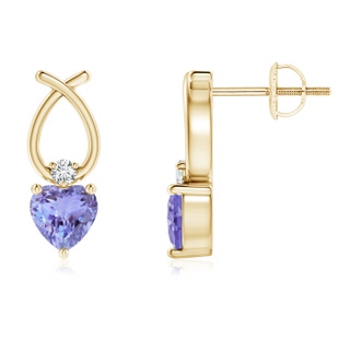 4mm AA Heart Shaped Tanzanite Ribbon Earrings with Diamond in Yellow Gold