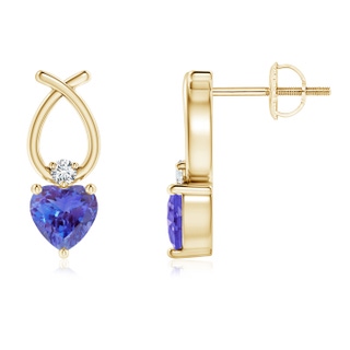 4mm AAA Heart Shaped Tanzanite Ribbon Earrings with Diamond in Yellow Gold