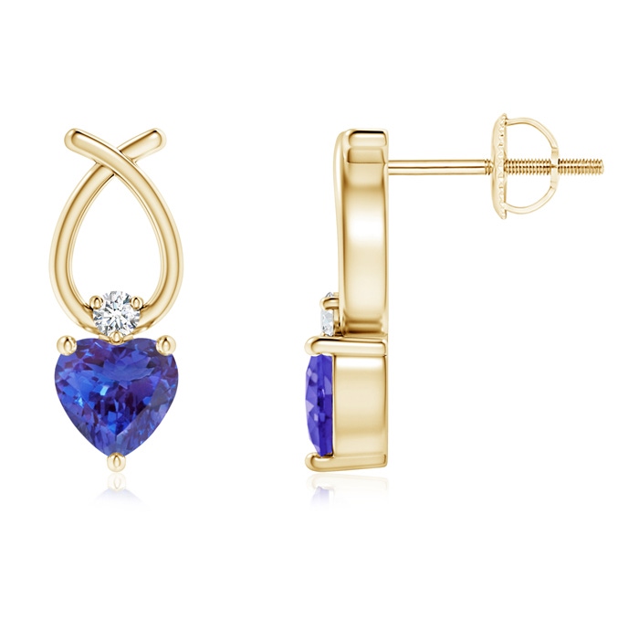 4mm AAAA Heart Shaped Tanzanite Ribbon Earrings with Diamond in Yellow Gold