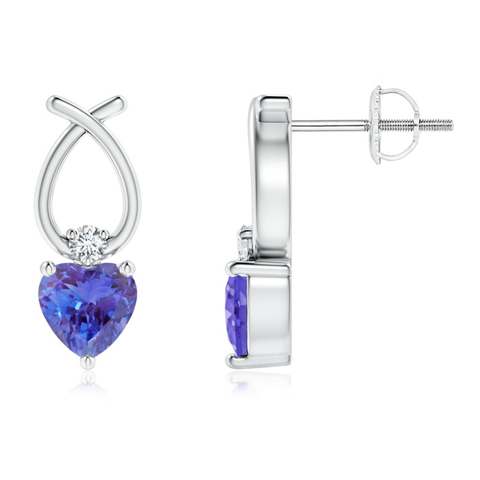 5mm AAA Heart Shaped Tanzanite Ribbon Earrings with Diamond in White Gold