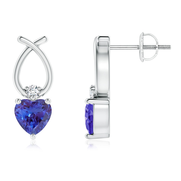 5mm AAAA Heart Shaped Tanzanite Ribbon Earrings with Diamond in White Gold 