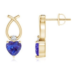 5mm AAAA Heart Shaped Tanzanite Ribbon Earrings with Diamond in Yellow Gold