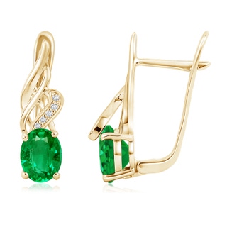 8x6mm AAA Oval Emerald Swirl Earrings with Diamond Accents in Yellow Gold