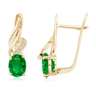 8x6mm AAAA Oval Emerald Swirl Earrings with Diamond Accents in Yellow Gold
