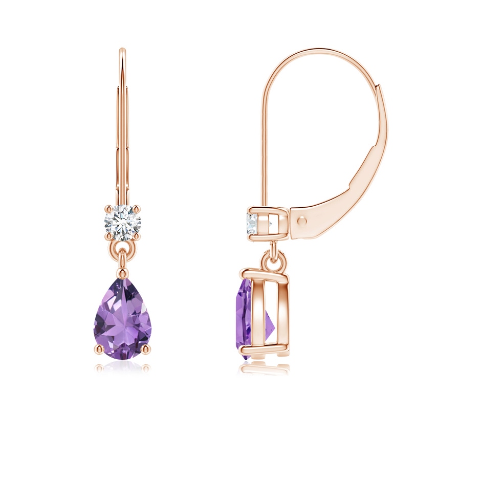 6x4mm A Pear Amethyst Leverback Drop Earrings with Diamond in Rose Gold 