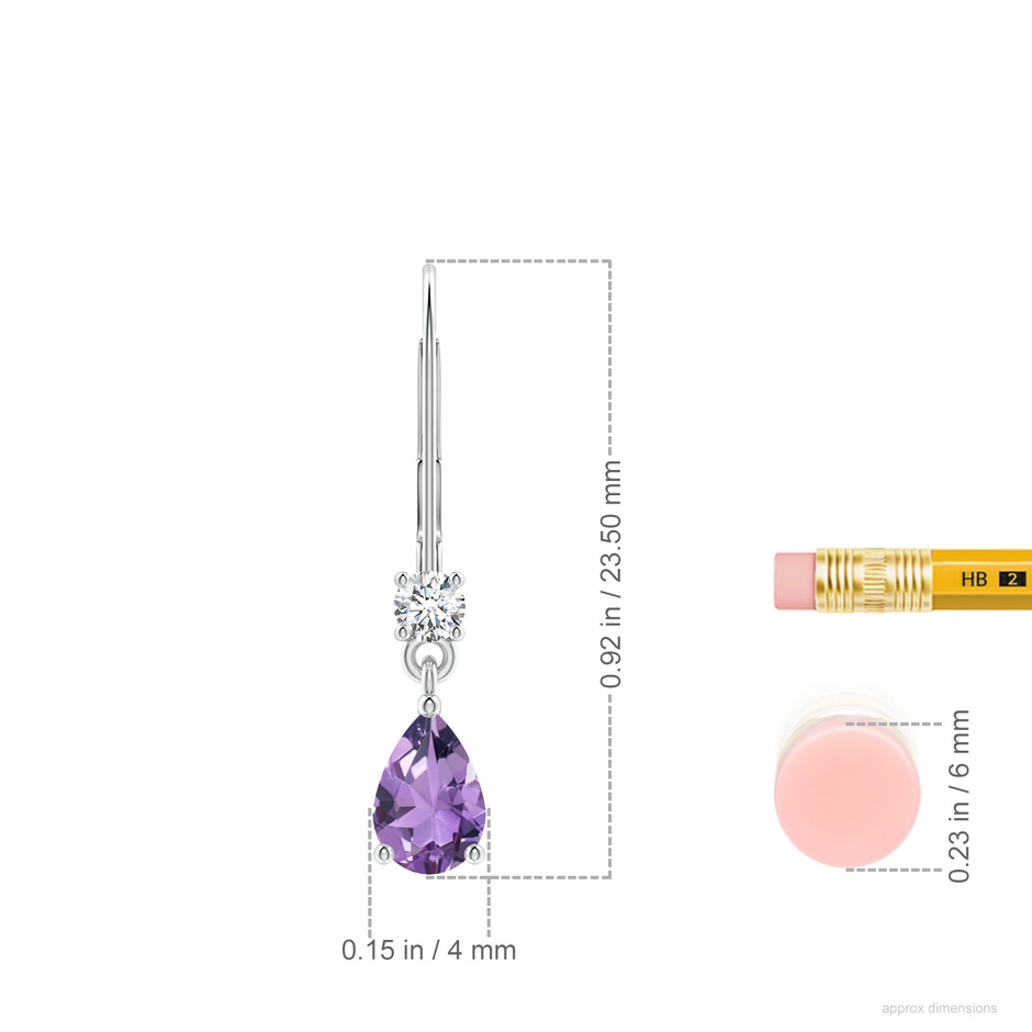 6x4mm A Pear Amethyst Leverback Drop Earrings with Diamond in White Gold ruler