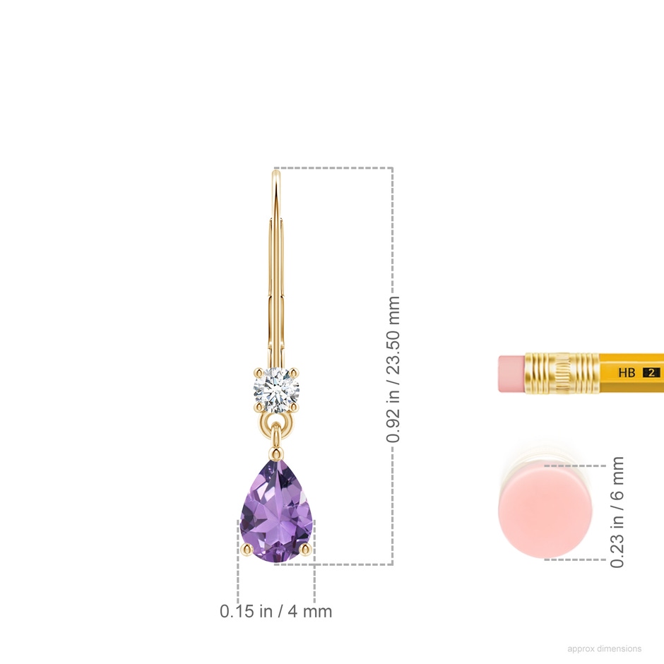 6x4mm A Pear Amethyst Leverback Drop Earrings with Diamond in Yellow Gold ruler