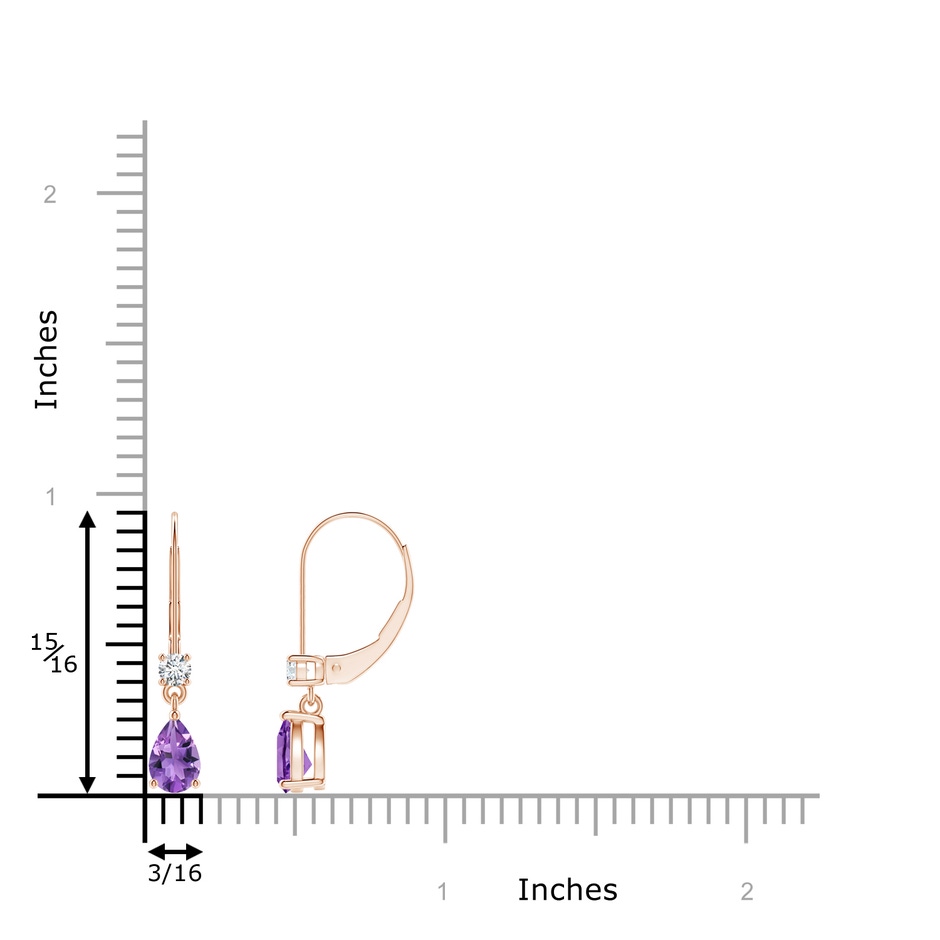 6x4mm AA Pear Amethyst Leverback Drop Earrings with Diamond in Rose Gold ruler
