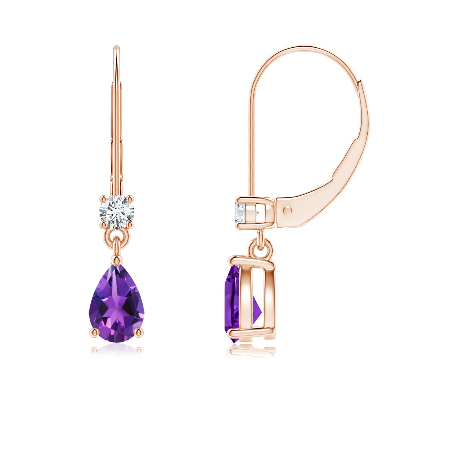 6x4mm AAAA Pear Amethyst Leverback Drop Earrings with Diamond in 18K Rose Gold