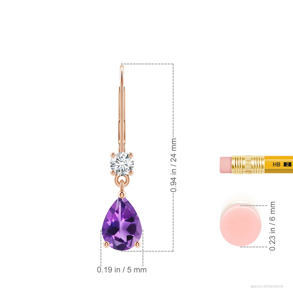 7x5mm AAA Pear Amethyst Leverback Drop Earrings with Diamond in Rose Gold ruler