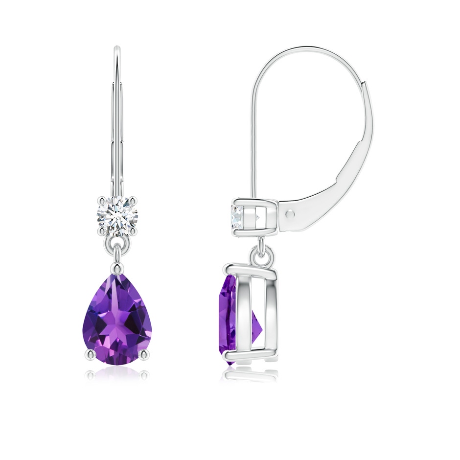 7x5mm AAAA Pear Amethyst Leverback Drop Earrings with Diamond in White Gold 