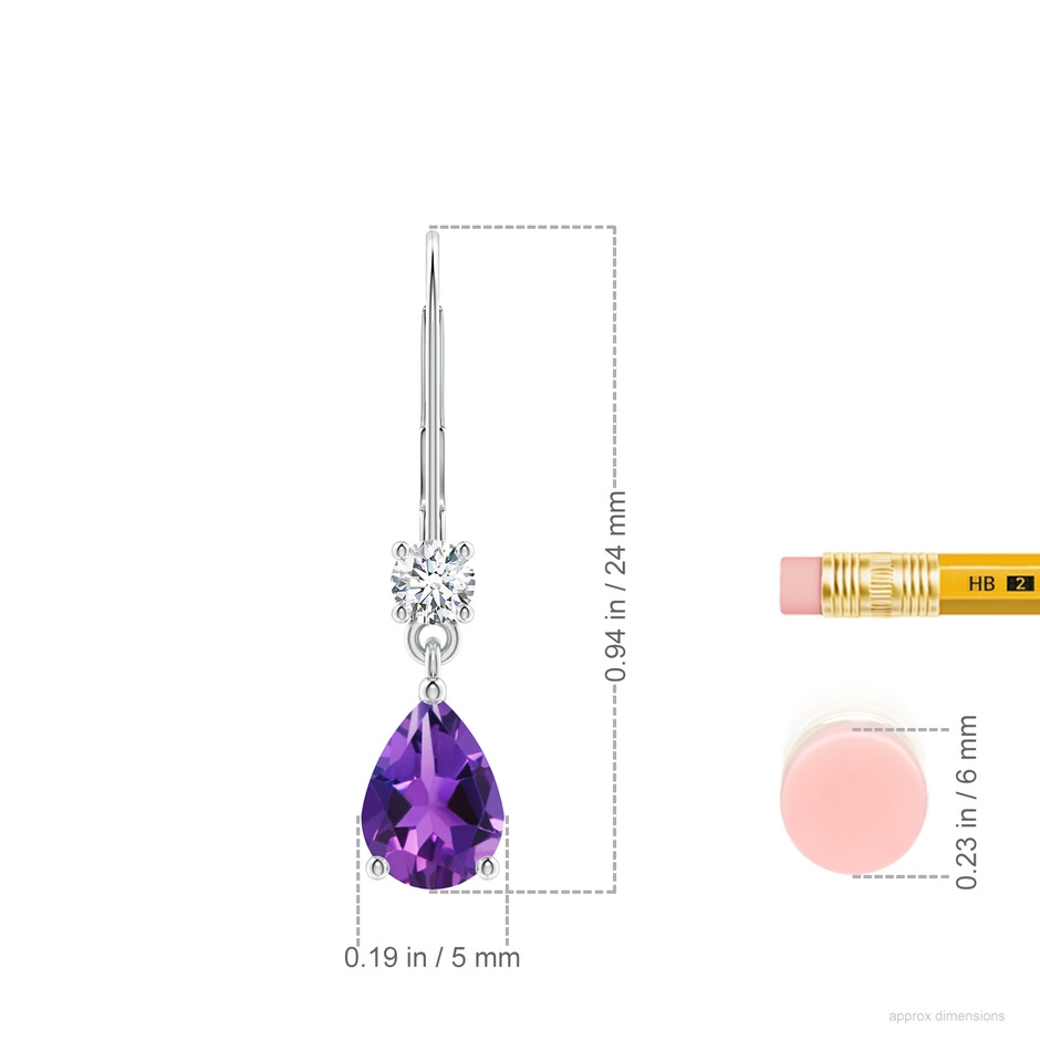 7x5mm AAAA Pear Amethyst Leverback Drop Earrings with Diamond in White Gold ruler