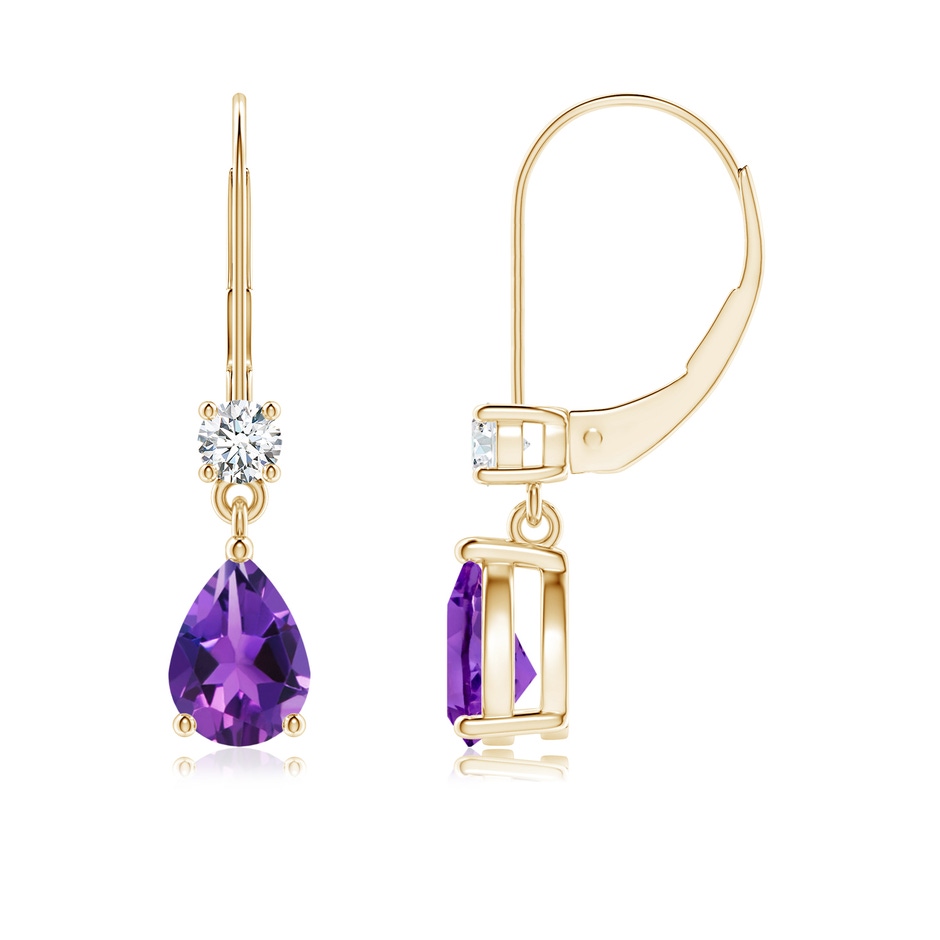 7x5mm AAAA Pear Amethyst Leverback Drop Earrings with Diamond in Yellow Gold 
