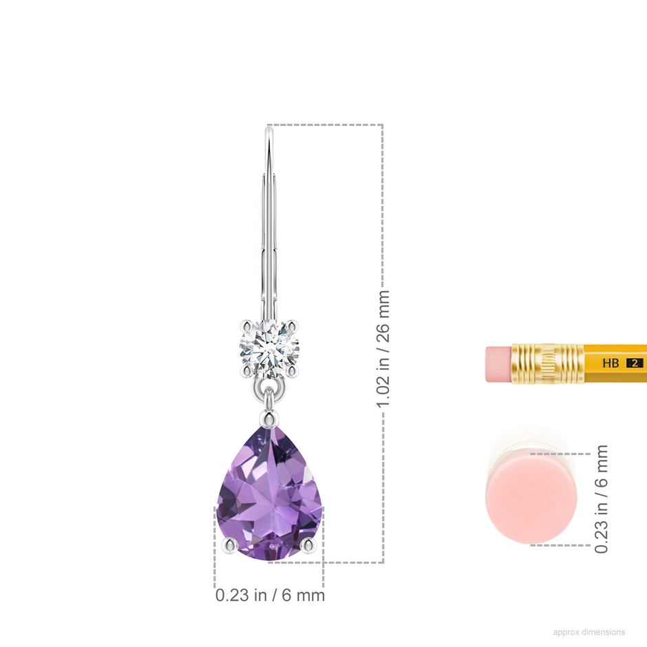 8x6mm A Pear Amethyst Leverback Drop Earrings with Diamond in White Gold ruler