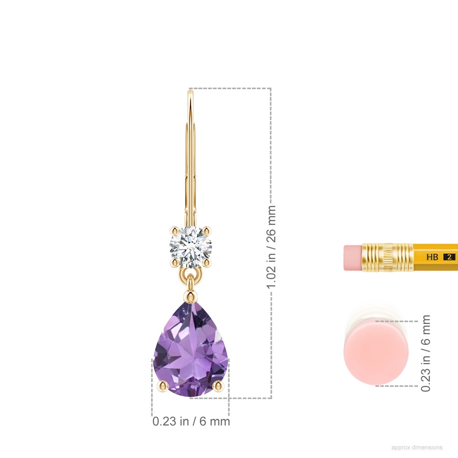 8x6mm A Pear Amethyst Leverback Drop Earrings with Diamond in Yellow Gold ruler