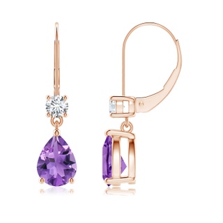 8x6mm AA Pear Amethyst Leverback Drop Earrings with Diamond in Rose Gold