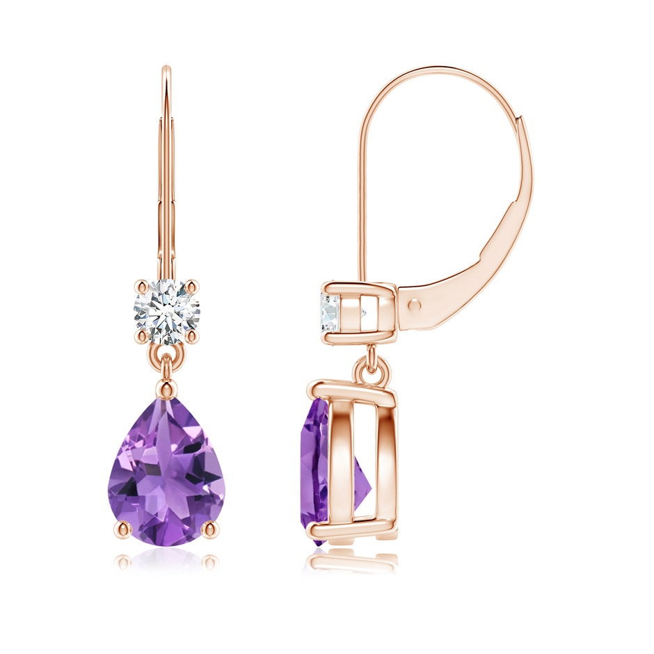 8x6mm AA Pear Amethyst Leverback Drop Earrings with Diamond in Rose Gold 
