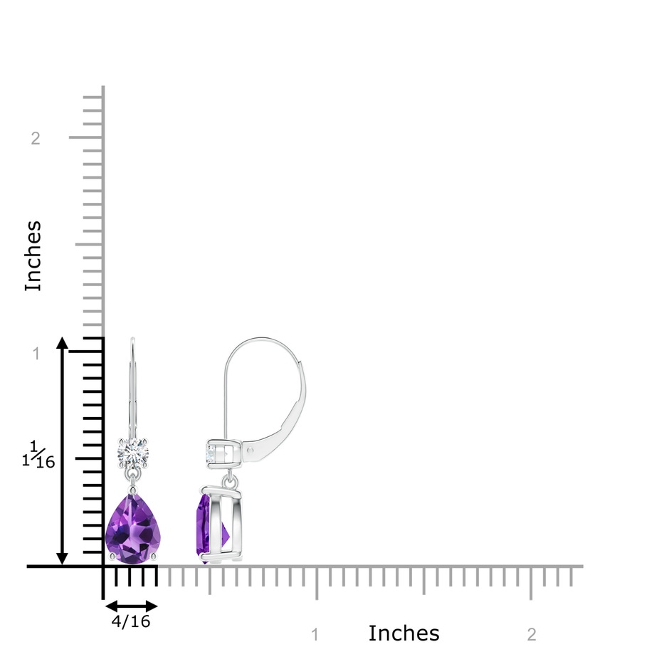 8x6mm AAA Pear Amethyst Leverback Drop Earrings with Diamond in White Gold ruler
