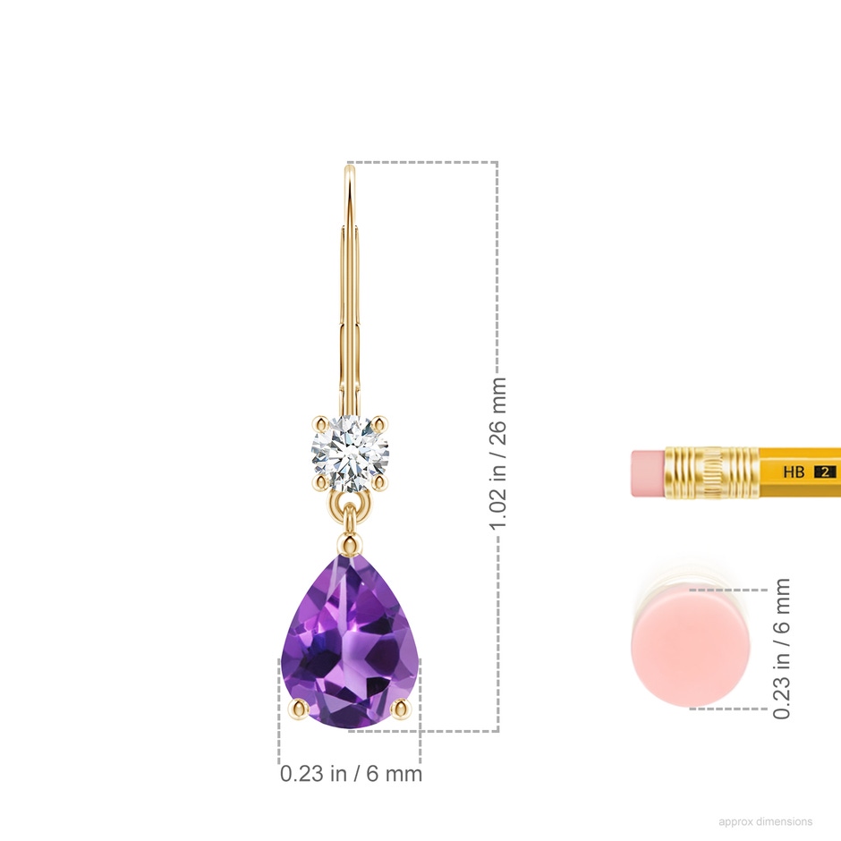 8x6mm AAA Pear Amethyst Leverback Drop Earrings with Diamond in Yellow Gold ruler