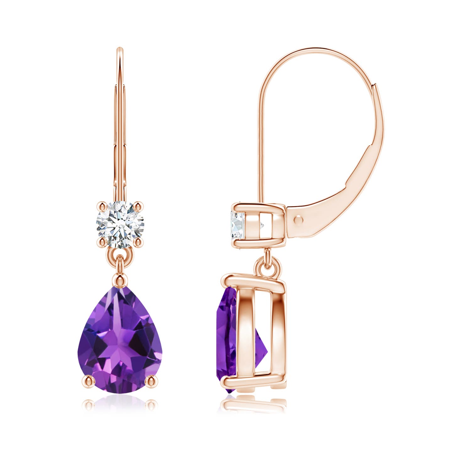 8x6mm AAAA Pear Amethyst Leverback Drop Earrings with Diamond in 18K Rose Gold