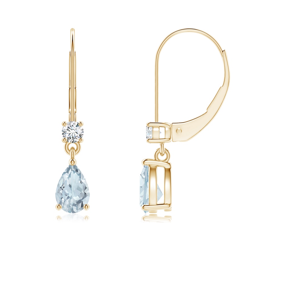 6x4mm A Pear Aquamarine Leverback Drop Earrings with Diamond in 10K Yellow Gold 