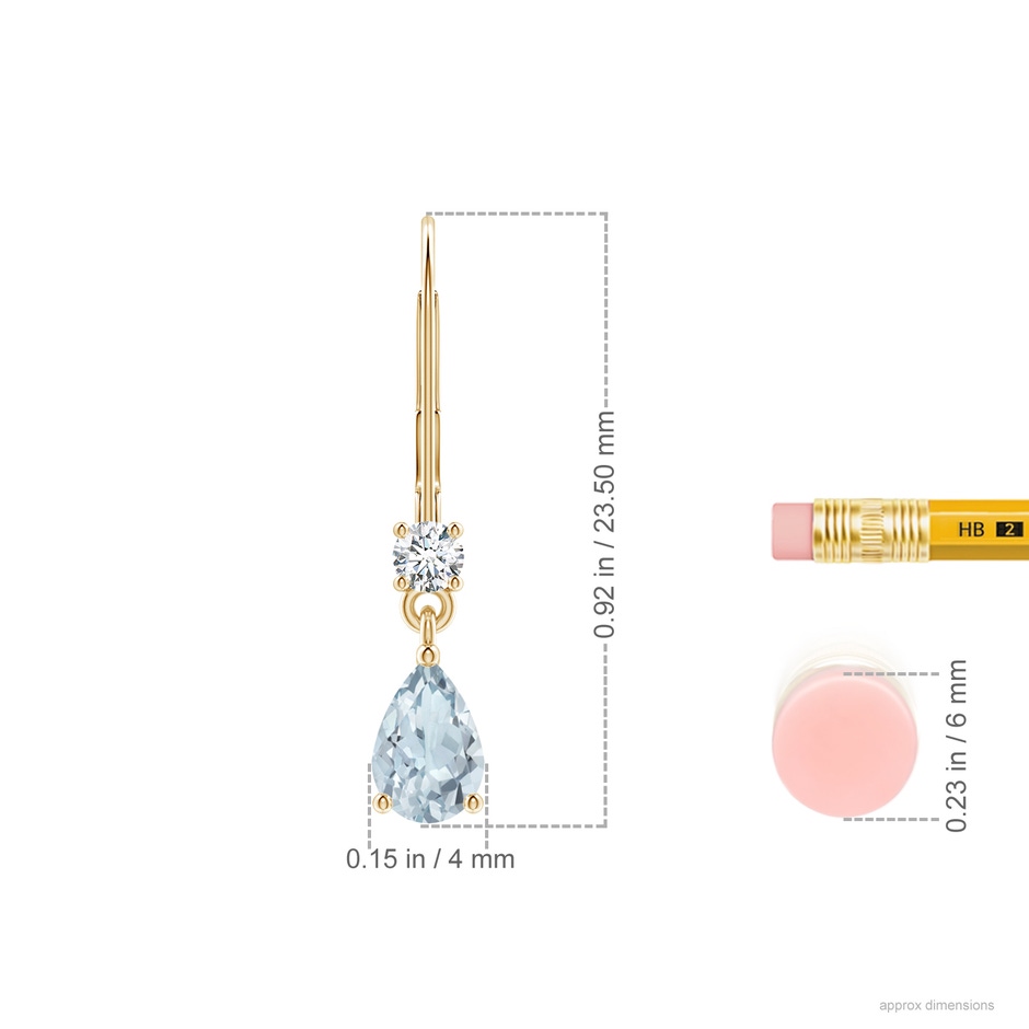 6x4mm A Pear Aquamarine Leverback Drop Earrings with Diamond in 10K Yellow Gold ruler