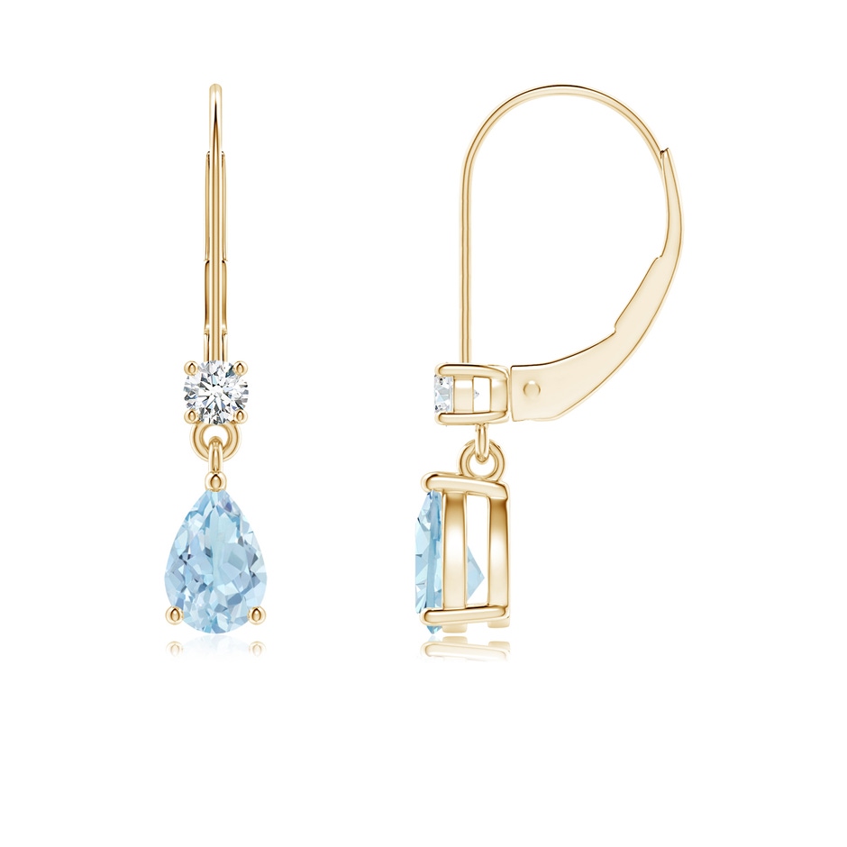 6x4mm AA Pear Aquamarine Leverback Drop Earrings with Diamond in Yellow Gold 