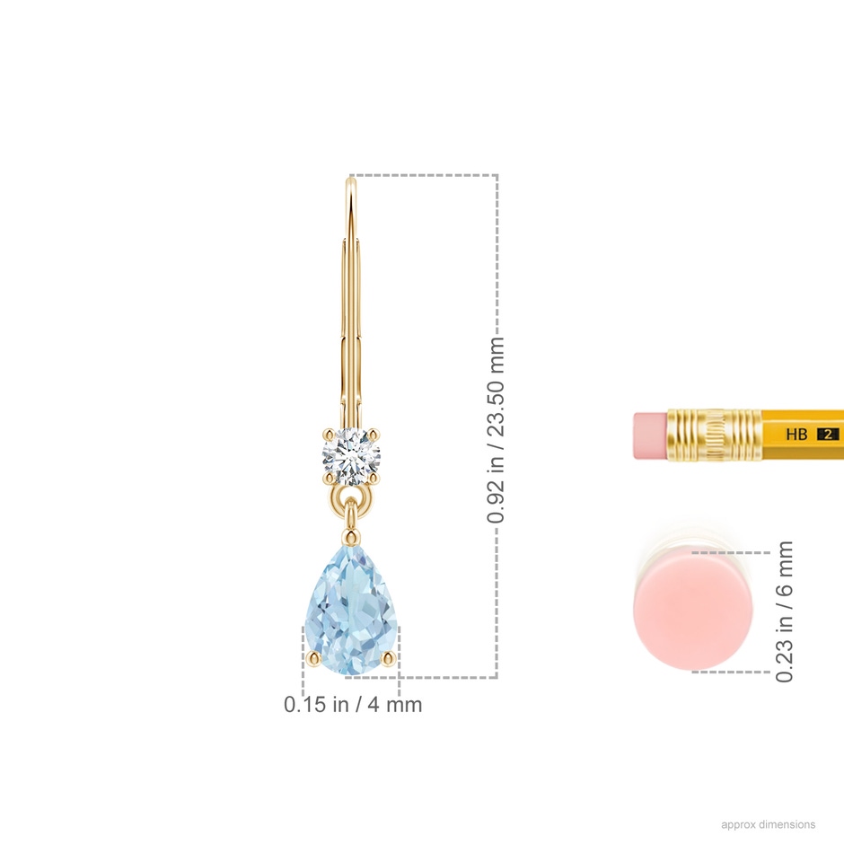 6x4mm AA Pear Aquamarine Leverback Drop Earrings with Diamond in Yellow Gold ruler