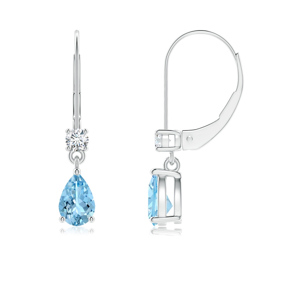 6x4mm AAAA Pear Aquamarine Leverback Drop Earrings with Diamond in White Gold