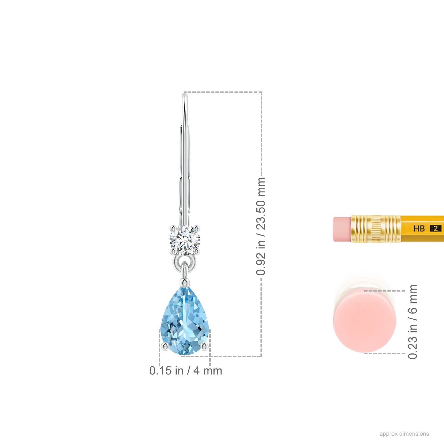 6x4mm AAAA Pear Aquamarine Leverback Drop Earrings with Diamond in White Gold - ruler