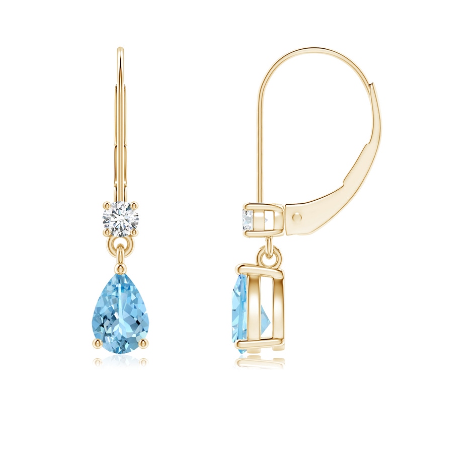 6x4mm AAAA Pear Aquamarine Leverback Drop Earrings with Diamond in Yellow Gold 