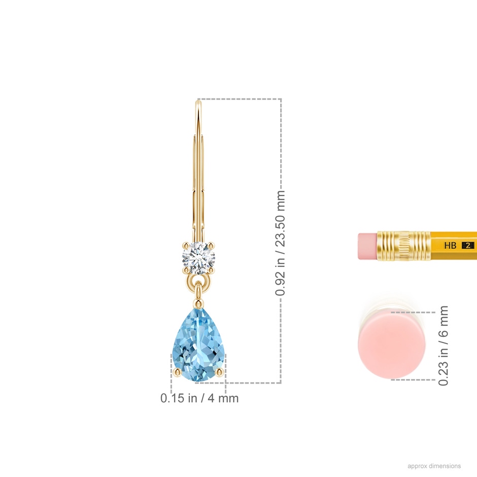 6x4mm AAAA Pear Aquamarine Leverback Drop Earrings with Diamond in Yellow Gold ruler