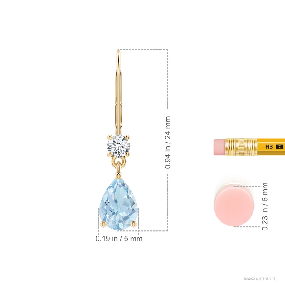 7x5mm AA Pear Aquamarine Leverback Drop Earrings with Diamond in Yellow Gold ruler