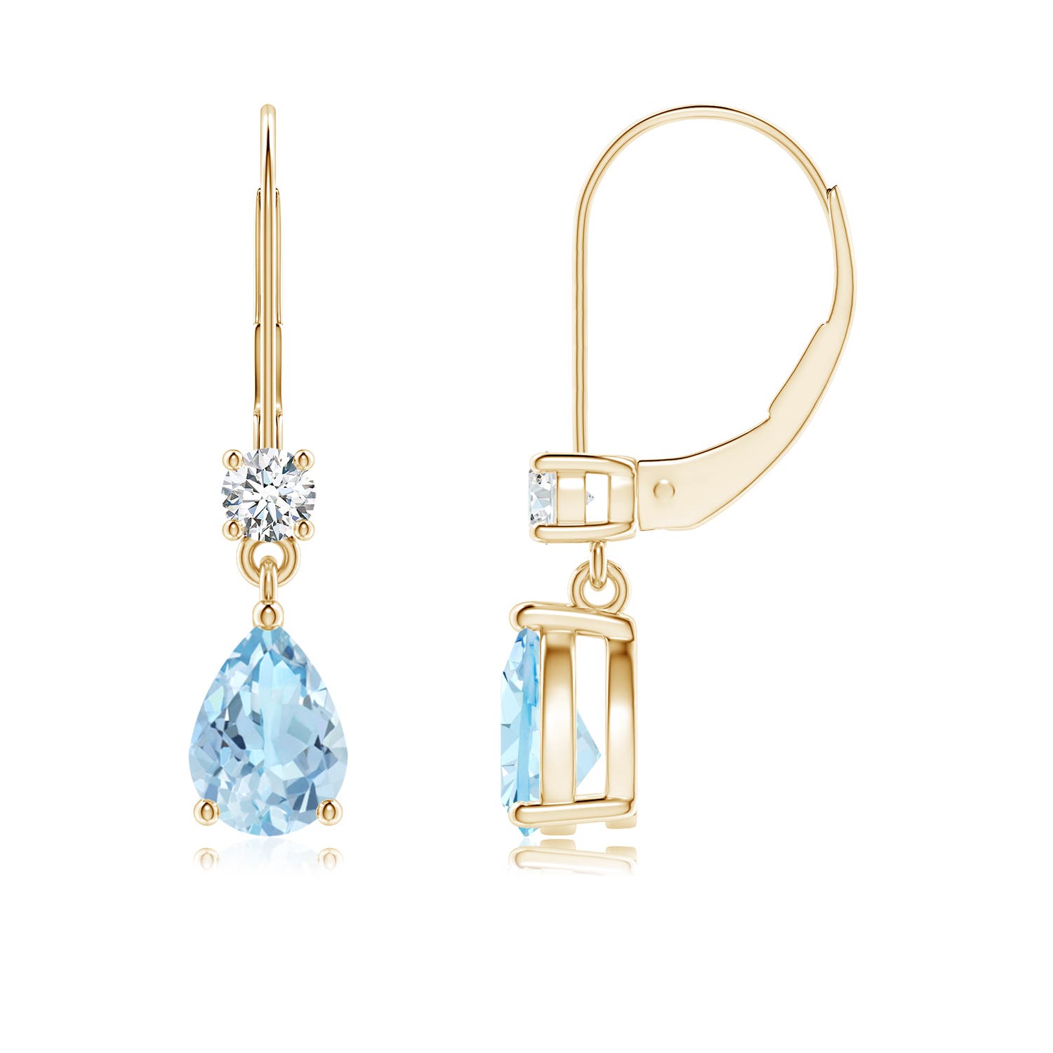 7x5mm AAA Pear Aquamarine Leverback Drop Earrings with Diamond in 18K Yellow Gold