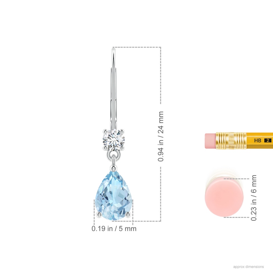 7x5mm AAA Pear Aquamarine Leverback Drop Earrings with Diamond in White Gold ruler