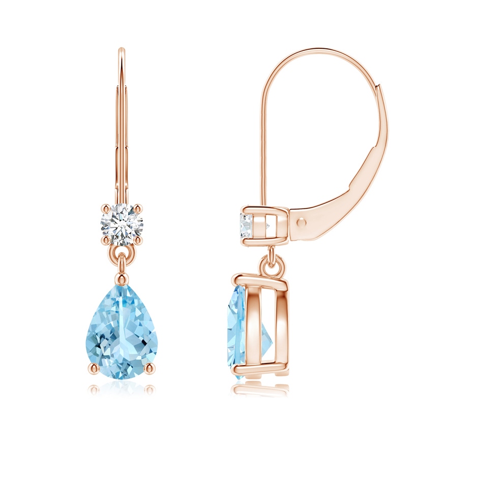 7x5mm AAAA Pear Aquamarine Leverback Drop Earrings with Diamond in Rose Gold 