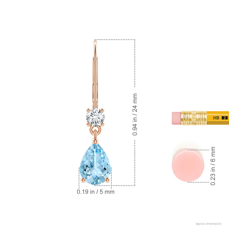 7x5mm AAAA Pear Aquamarine Leverback Drop Earrings with Diamond in Rose Gold ruler