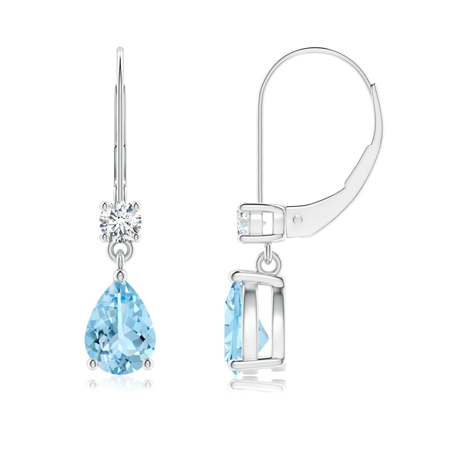 7x5mm AAAA Pear Aquamarine Leverback Drop Earrings with Diamond in White Gold 