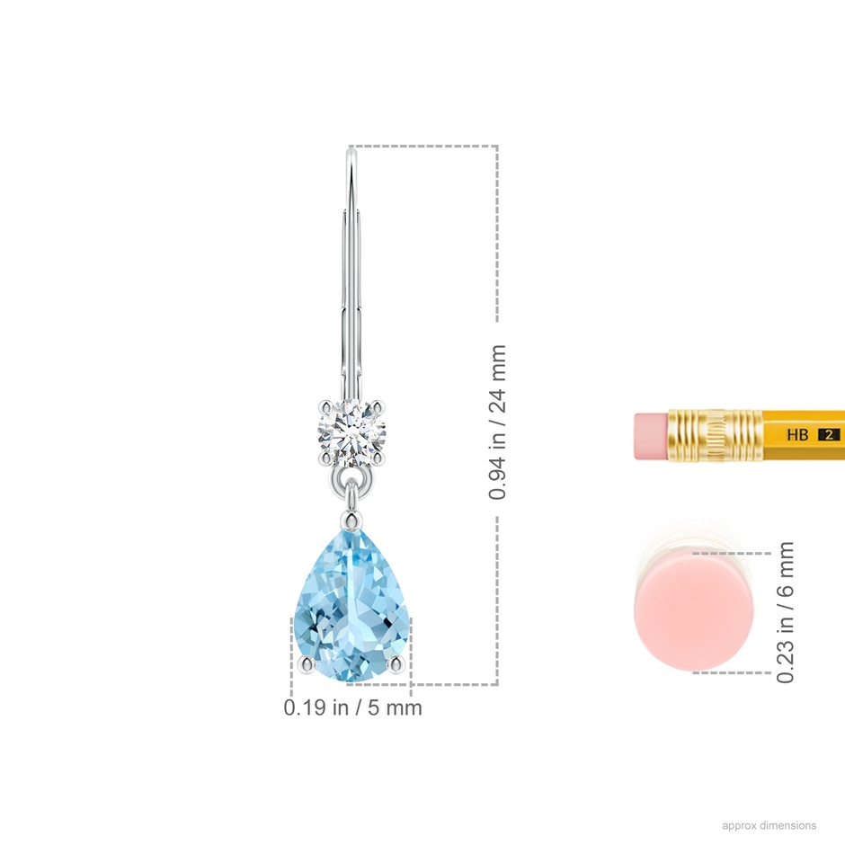 7x5mm AAAA Pear Aquamarine Leverback Drop Earrings with Diamond in White Gold ruler